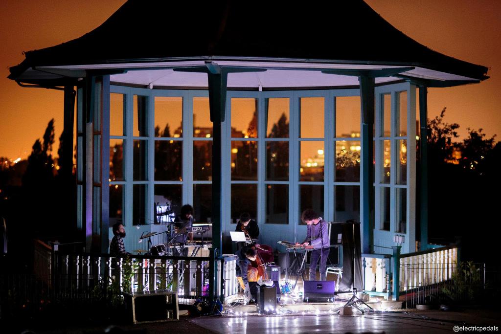 Musicians playing inside the bandstand in the Horniman gardens.