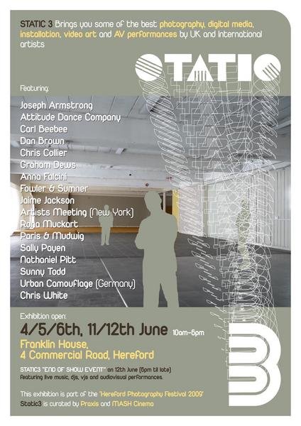 A flyer for the event 'Static 3' which features abstract shapes and details of the event.