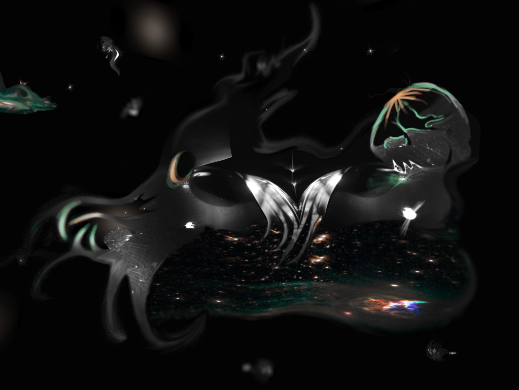 Surreal underwater creatures floating in a sea of inky darkness.